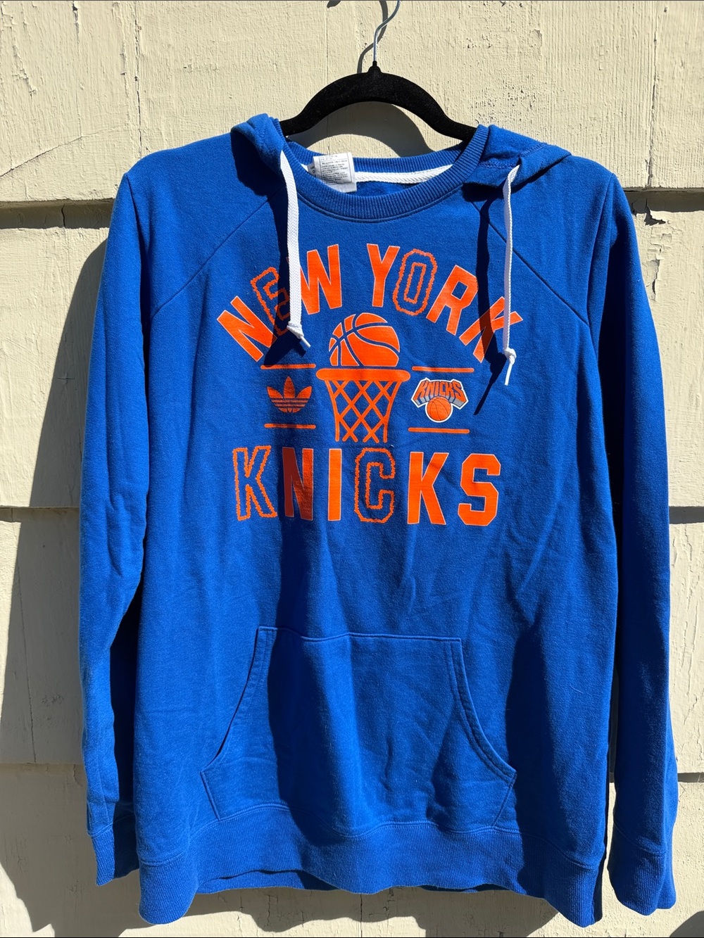 adidas Blue New York Knicks Pullover Hoodie with Orange Logo